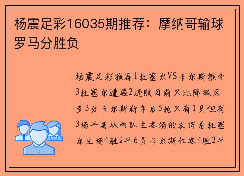 杨震足彩16035期推荐：摩纳哥输球 罗马分胜负
